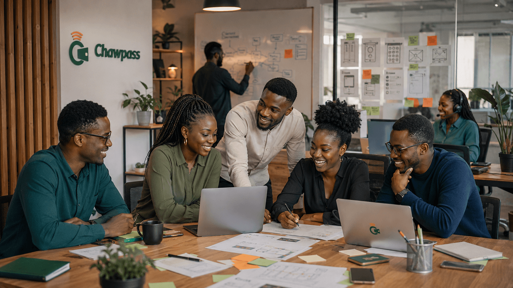 The Chawpass team collaborating in the office